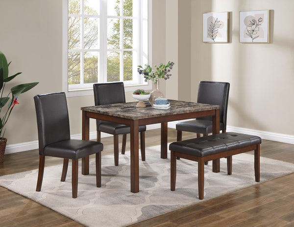 Classic Stylish Espresso Finish 5pc Dining Set Kitchen Dinette Faux Marble Top Table Bench and 3x Chairs Faux Leather Cushions Seats Dining Room - Supfirm