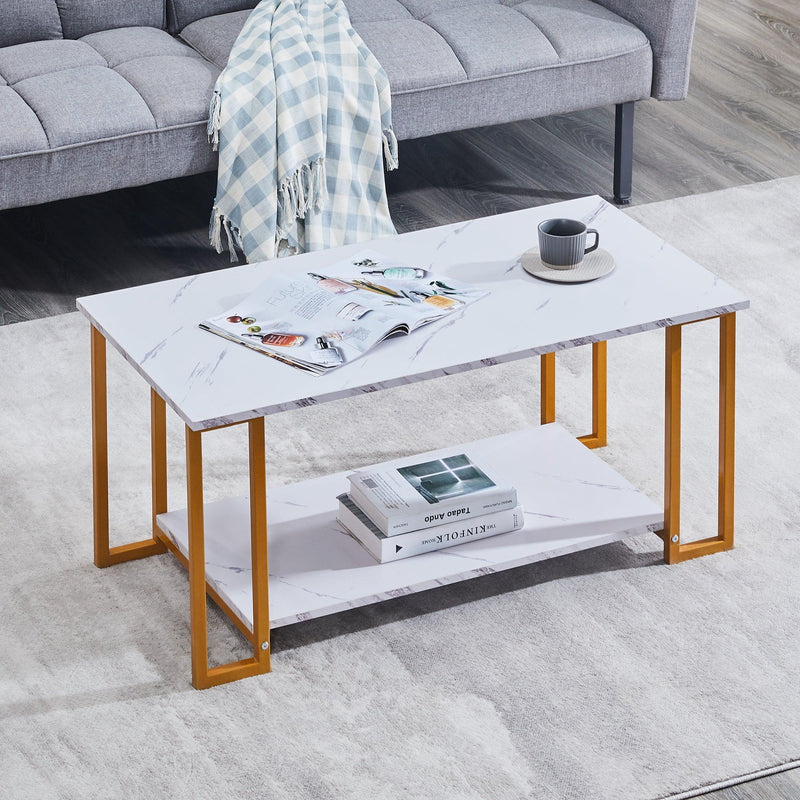 Supfirm Coffee Table, 2 Layers 1.5cm Thick Marble MDF Rectangle 39.37" L Tabletop Iron Coffee Table , Dining Room, Coffee Shop, Resterant, White Top, Gold Leg - Supfirm