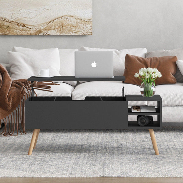 Supfirm Coffee table, computer table, black, solid wood leg rest, large storage space, can be raised and lowered desktop - Supfirm