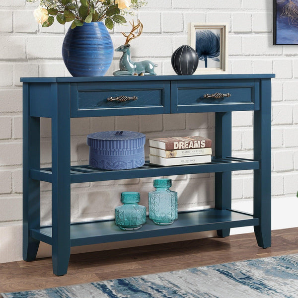 Console Sofa Table with 2 Storage Drawers and 2 Tiers Shelves, Mid-Century Style 42'' Solid Wood Buffet Sideboard for Living Room Furniture Kitchen Dining Room Entryway Hallway,Navy Blue - Supfirm