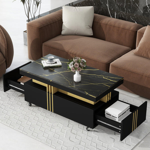 Supfirm Contemporary Coffee Table with Faux Marble Top, Rectangle Cocktail Table with Caster Wheels, Moderate Luxury Center Table with Gold Metal Bars for Living Room, Black - Supfirm