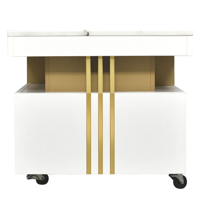 Supfirm Contemporary Coffee Table with Faux Marble Top, Rectangle Cocktail Table with Caster Wheels, Moderate Luxury Center Table with Gold Metal Bars for Living Room, White - Supfirm