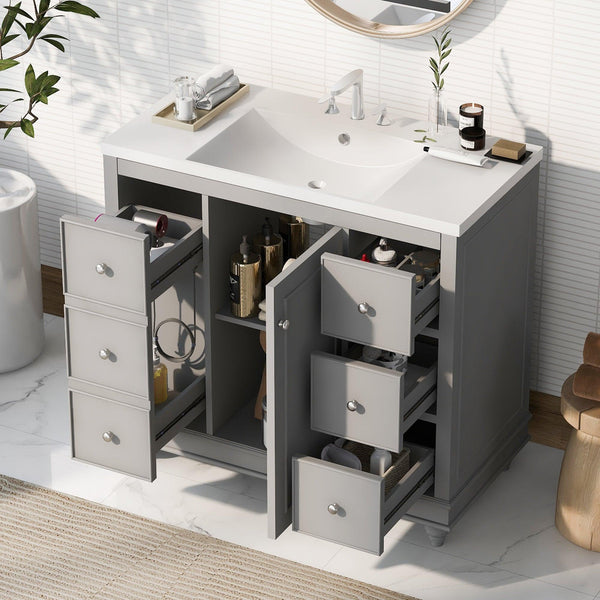 Contemporary Gray Bathroom Vanity Cabinet - 36x18x34 inches, 4 Drawers & 1 Cabinet Door, Multipurpose Storage, Resin Integrated Sink, Adjustable Shelves, Solid Wood Frame with MDF - Supfirm