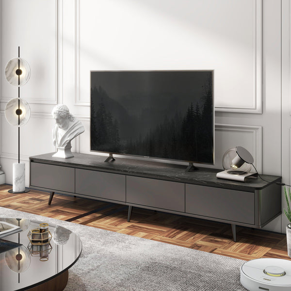Contemporary TV Stand with 4 Drawers Media Console for TVs Up to 70", Handle-Free Design Modern Elegant TV Cabinet, Black Marble Texture - Supfirm