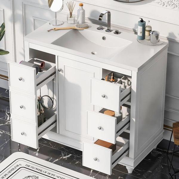 Contemporary White Bathroom Vanity Cabinet - 36x18x34 inches, 4 Drawers & 1 Cabinet Door, Multipurpose Storage, Resin Integrated Sink, Adjustable Shelves, Solid Wood Frame with MDF - Supfirm