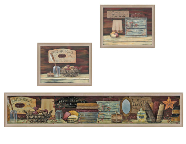 Supfirm "Country Bath I Collection" 3-Piece Vignette By Pam Britton, Printed Wall Art, Ready To Hang Framed Poster, Beige Frame - Supfirm