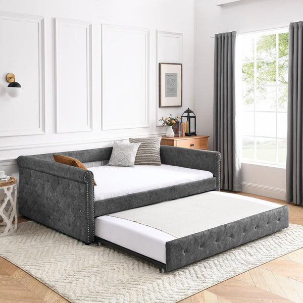 Daybed with Trundle Upholstered Tufted Sofa Bed, with Button and Copper Nail on Arms,Full Daybed & Twin Trundle, Grey(85.5"x57"x30.5") - Supfirm