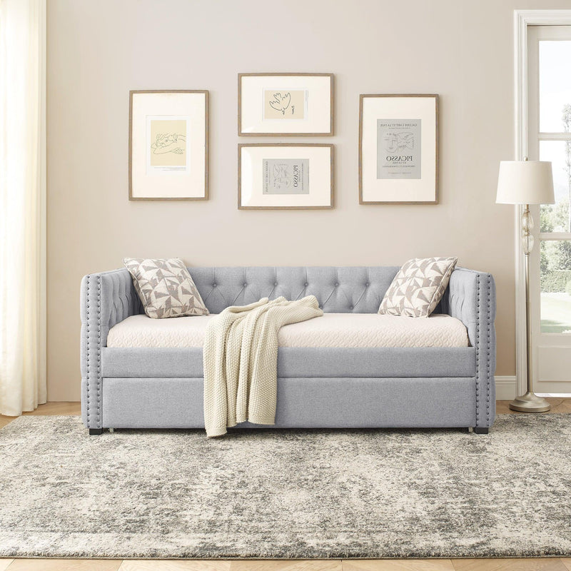 Supfirm Daybed with Trundle Upholstered Tufted Sofa Bed, with Button and Copper Nail on Square Arms，both Twin Size, Grey（85“x42.5”x31.5“） - Supfirm