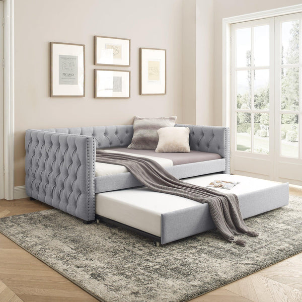 Daybed with Trundle Upholstered Tufted Sofa Bed, with Button and Copper Nail on Square Arms,Full Daybed & Twin Trundle, Grey(85"x57"x31.5") - Supfirm