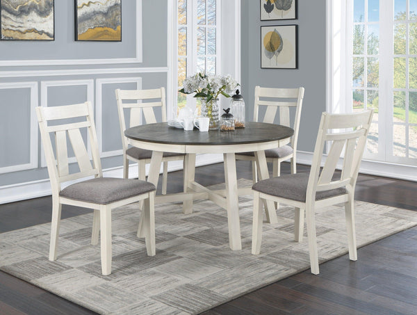 Dining Room Furniture 5pc Dining Set Round Table And 4x Side Chairs Gray Fabric Cushion Seat White Clean Lines Wooden Table Top - Supfirm