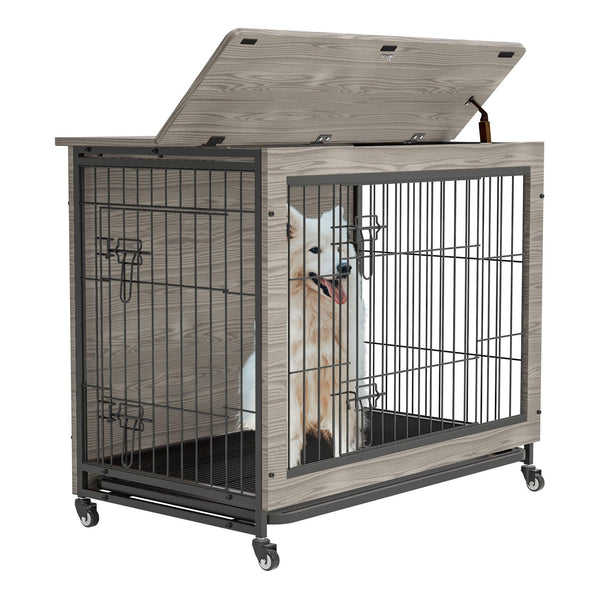 Dog Crate Furniture , 38'' Heavy Duty Wooden Dog Kennel with Double Doors & Flip-Top for Large Dogs, Furniture Style Dog Crate End Table with Wheels, Grey 38.3"L X 23.4"W X 32"H - Supfirm
