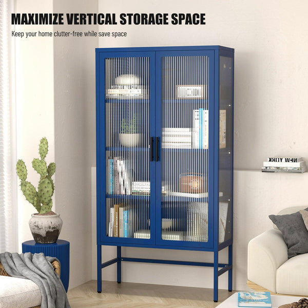 Double Glass Door Storage Cabinet with Adjustable Shelves and Feet Cold-Rolled Steel Sideboard Furniture for Living Room Kitchen BLUE - Supfirm