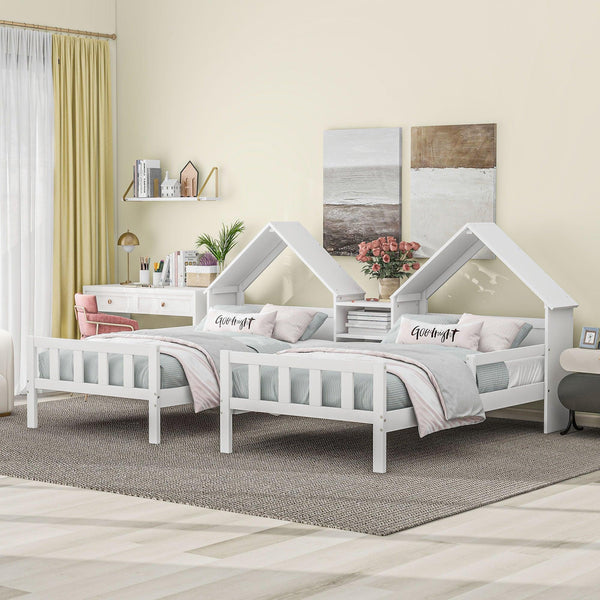 Double Twin Size Platform Bed with House-shaped Headboard and a Built-in Nightstand, White - Supfirm