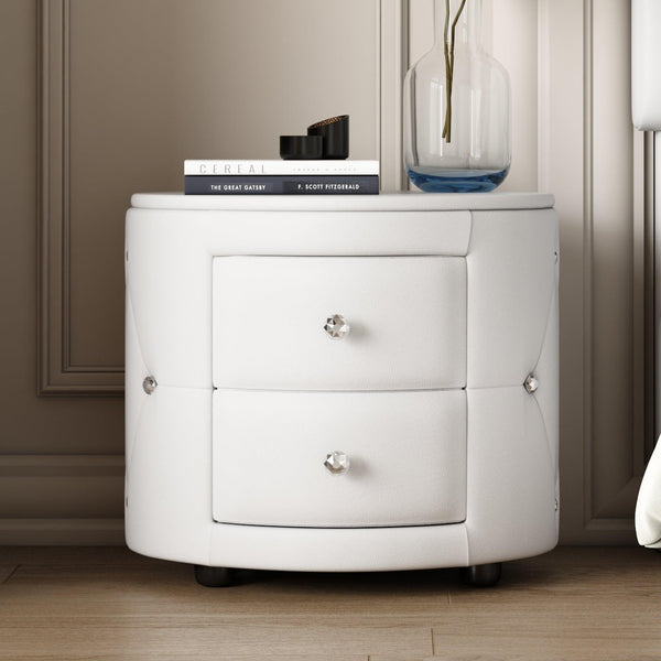 Elegant PU Nightstand with 2 Drawers and Crystal Handle,Fully Assembled Except Legs&Handles,Storage Bedside Table - White - Supfirm