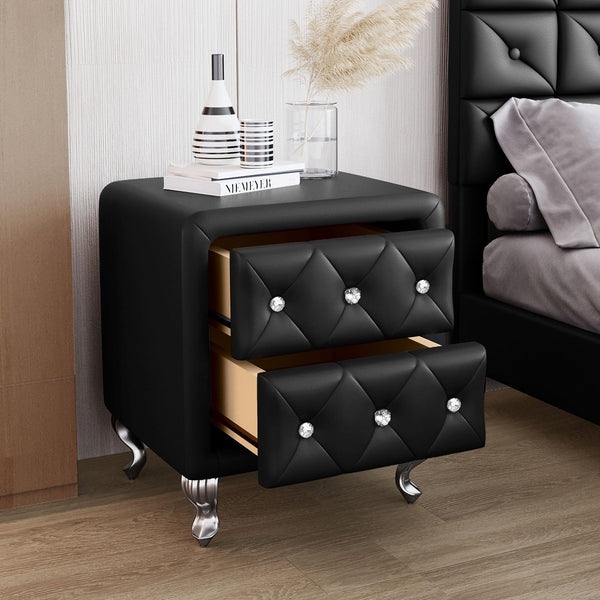 Elegant PU Nightstand with 2 Drawers and Crystal Handle,Fully Assembled Except Legs&Handles,Storage Bedside Table with Metal Legs - Black - Supfirm