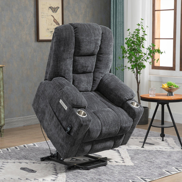 EMON'S Large Power Lift Recliner Chair with Massage and Heat for Elderly, Overstuffed Wide Recliners, Heavy Duty Motion Mechanism with USB and Type C Ports, 2 Steel Cup Holders, Gray - Supfirm