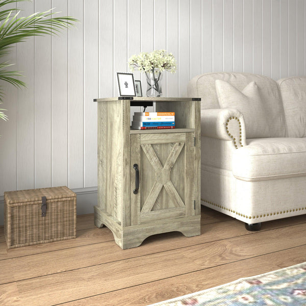Farmhouse Nightstand Side Table, Wooden Rustic End Table, Tall Bedside Table with Electrical Outlets Charging Station - Light Grey - Supfirm