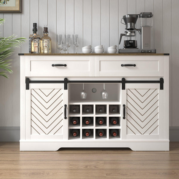 Farmhouse Storage Sideboard Buffet Coffee Bar Cabinet with Sliding Barn Door, 3 Drawers, Wine Cubbies and Glass Rack - White & Oak - Supfirm