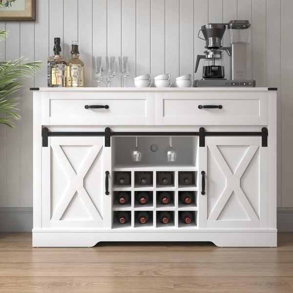 Farmhouse Storage Sideboard Buffet Coffee Bar Cabinet with Sliding Barn Door, 3 Drawers, Wine Cubbies and Glass Rack - White - Supfirm
