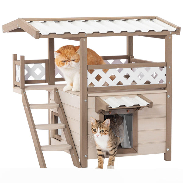 Feral Cat House Outdoor Indoor Kitty Houses with Durable PVC Roof, Escape Door,Curtain and Stair,2 Story Design Perfect for Multi Cats - Supfirm