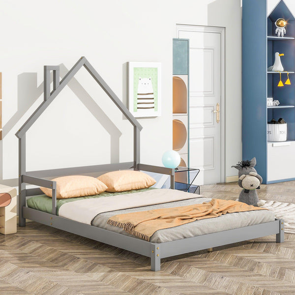 Full House-Shaped Headboard Bed with Handrails ,slats ,Grey - Supfirm