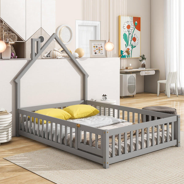 Full House-Shaped Headboard Floor Bed with Fence ,Grey - Supfirm