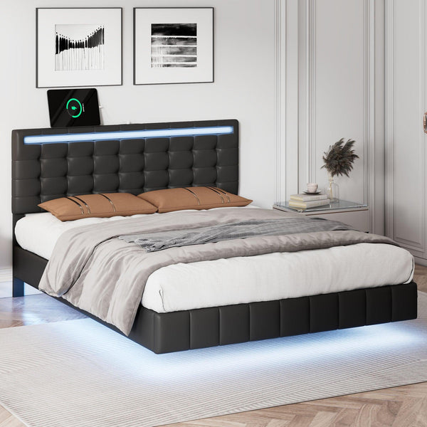Full Size Floating Bed Frame with LED Lights and USB Charging,Modern Upholstered Platform LED Bed Frame,Black(Full) - Supfirm