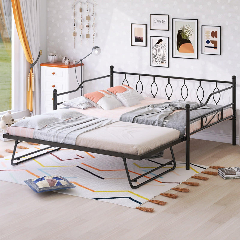 Full Size Metal Daybed with Twin Size Adjustable Trundle, Portable Folding Trundle, Black(OLD SKU:MF293730AAB) - Supfirm
