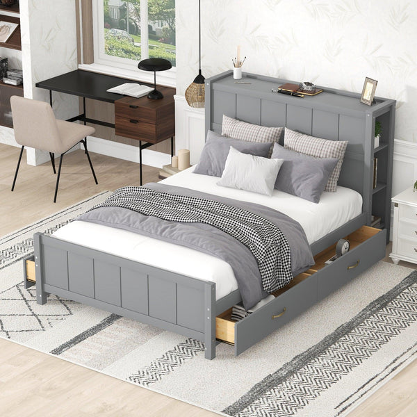 Full Size Platform Bed with Drawers and Storage Shelves, Gray - Supfirm