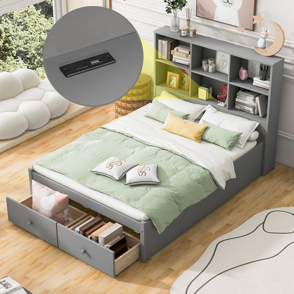 Full Size Platform Bed with Storage Headboard, Charging Station and 2 Drawers, Gray - Supfirm