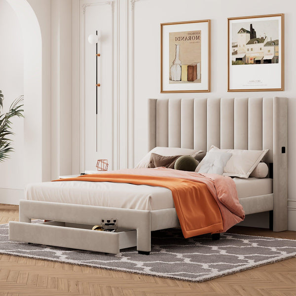 Full Size Storage Bed Velvet Upholstered Platform Bed with a Big Drawer - Beige - Supfirm