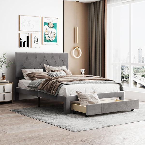 Full Size Storage Bed Velvet Upholstered Platform Bed with a Big Drawer - Grey - Supfirm