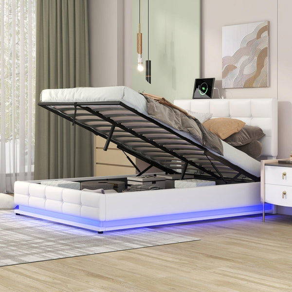 Full Size Tufted Upholstered Platform Bed with Hydraulic Storage System,PU Storage Bed with LED Lights and USB charger, White(Expected Arrival Time: 5.15,AT) - Supfirm