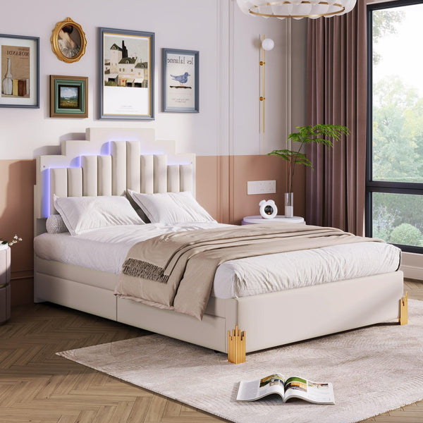 Full Size Upholstered Platform Bed with LED Lights and 4 Drawers, Stylish Irregular Metal Bed Legs Design, Beige - Supfirm