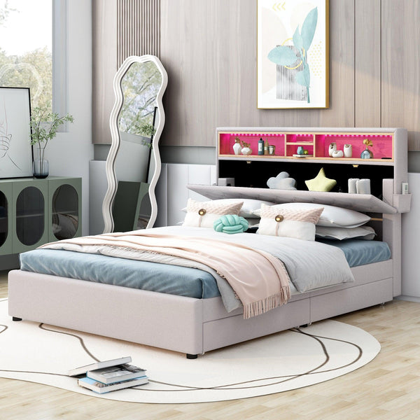 Full Size Upholstered Platform Bed with Storage Headboard, LED, USB Charging and 2 Drawers, Beige - Supfirm