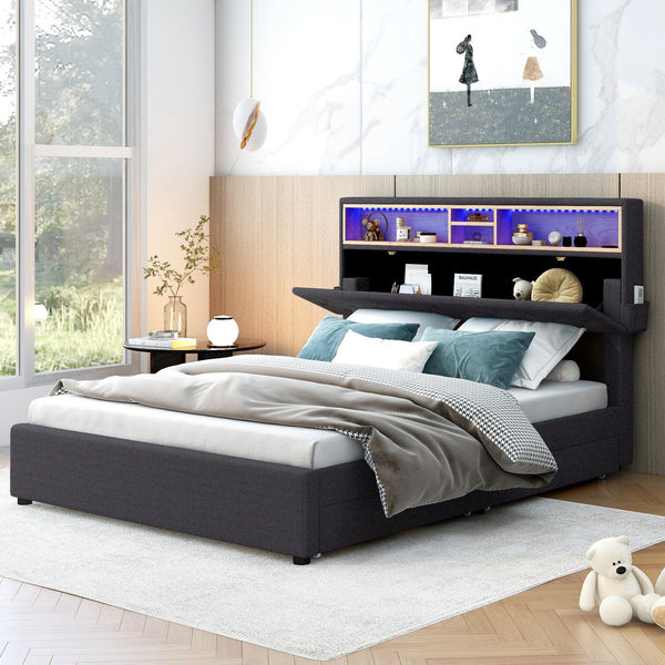 Full Size Upholstered Platform Bed with Storage Headboard, LED, USB Charging and 2 Drawers, Dark Gray - Supfirm