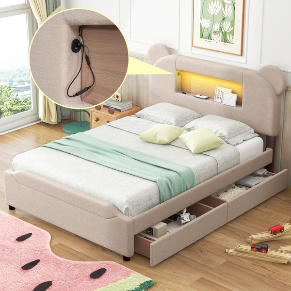 Full Size Upholstered Storage Platform Bed with Cartoon Ears Shaped Headboard, LED and USB, Beige - Supfirm