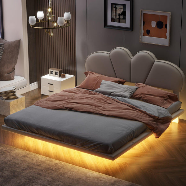 Full Size Upholstery LED Floating Bed with PU Leather Headboard and Support Legs,Beige - Supfirm