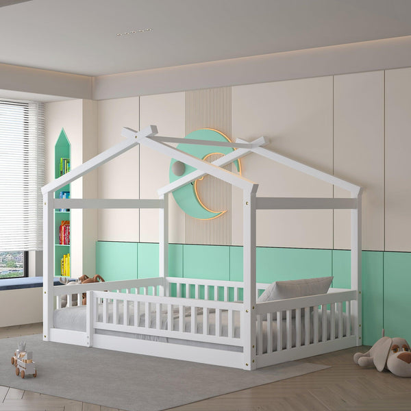 Full Size Wood Bed House Bed Frame with Fence, for Kids, Teens, Girls, Boys,White - Supfirm