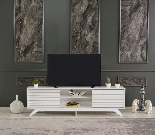 FurnisHome Store Luxia Mid Century Modern Tv Stand 2 Sliding Door Cabinet 2 Shelves 67 inch Tv Uni, White - Supfirm
