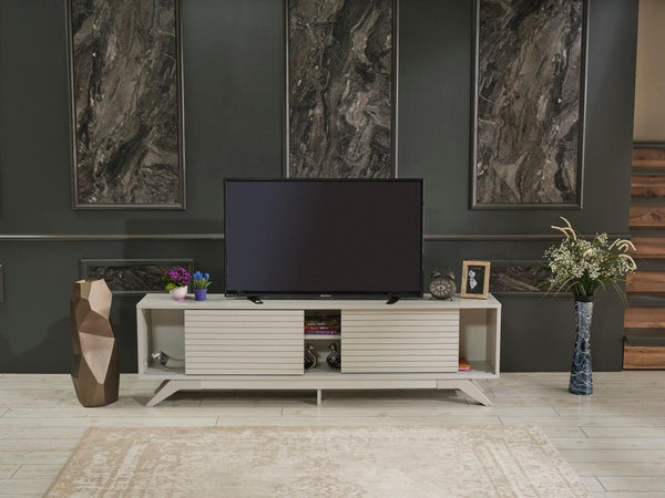 FurnisHome Store Luxia Mid Century Modern Tv Stand 2 Sliding Door Cabinet 2 Shelves 67 inch Tv Unit, Grey - Supfirm