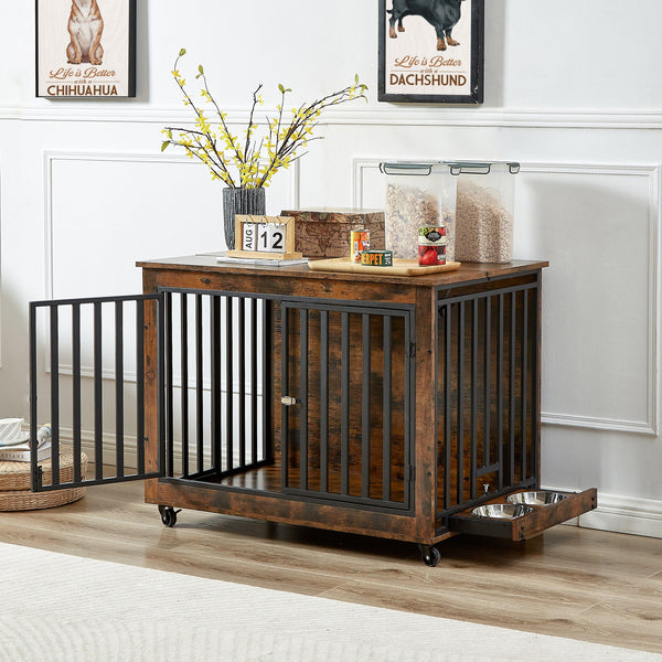 Furniture Style Dog Crate Side Table With Feeding Bowl, Wheels, Three Doors, Flip-Up Top Opening. Indoor, Rustic Brown, 38.58"W x 25.2"D x 27.17"H - Supfirm