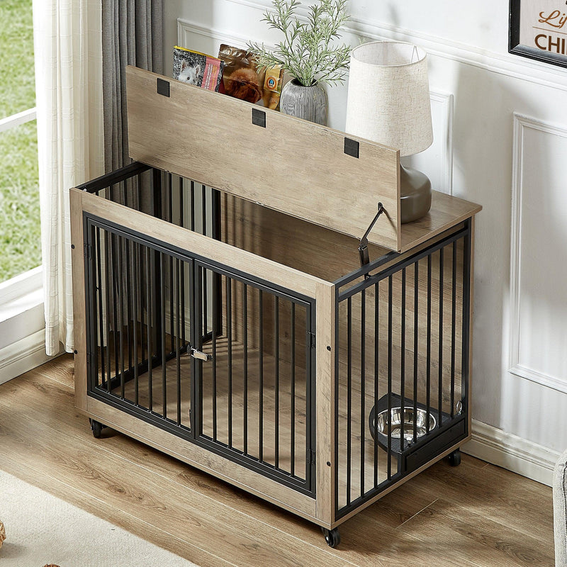 Furniture Style Dog Crate Side Table With Rotatable Feeding Bowl, Wheels, Three Doors, Flip-Up Top Opening. Indoor, Grey, 38.58"W x 25.2"D x 27.17"H - Supfirm