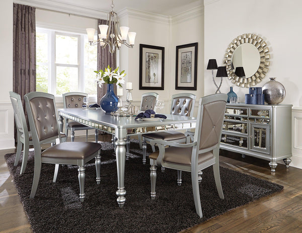 Glamorous Silver Finish Dining Set 7pc Dining Table 2x Armchairs 4x Side Chairs Crystal Button Tufted Upholstered Modern Style Furniture - Supfirm