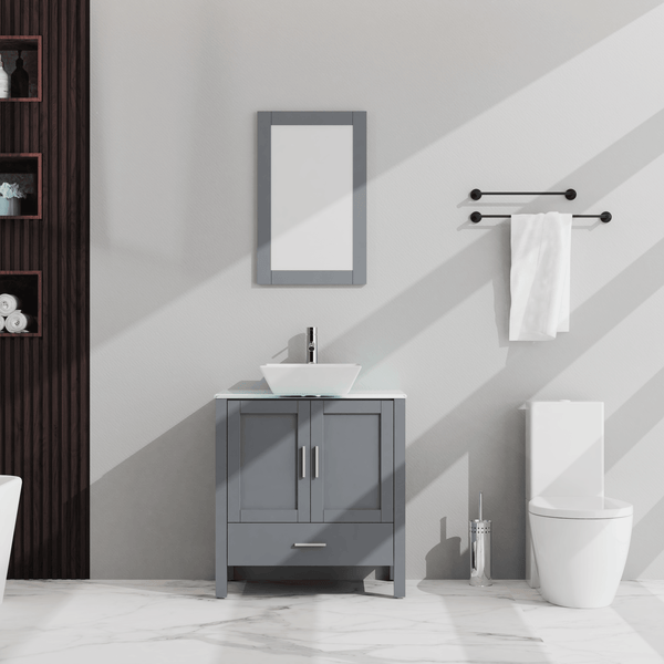 Goodyo 30" Bathroom Vanity and Sink Combo Glass Top Cabinet w/Mirror, Gray - Supfirm