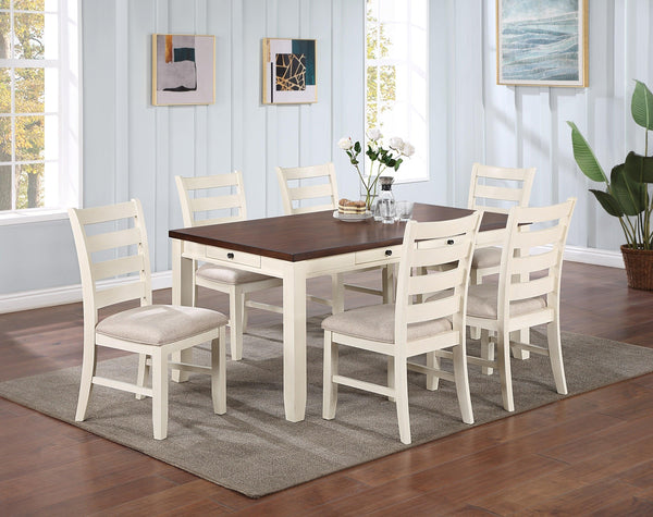 Gorgeous Classic Dining Room Furniture 7pc Dining Set Dining Table w Drawers 6x Side Chairs White Rubberwood Walnut Acacia Veneer Ladder Back Chair - Supfirm