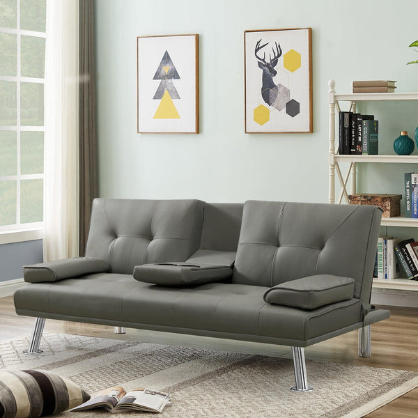 GREY PU SOFA BED WITH CUP HOLDER - Supfirm