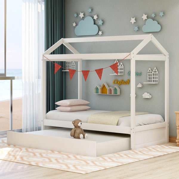 House Bed with Trundle, can be Decorated,White(Old SKU:SM000103AAK) - Supfirm