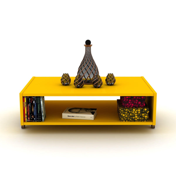 HT Design Kipp Cross Legs Wooden Frame Rectengular Coffee Table for Living Rooms with Interior Shelving, Walnut/Yellow - Supfirm