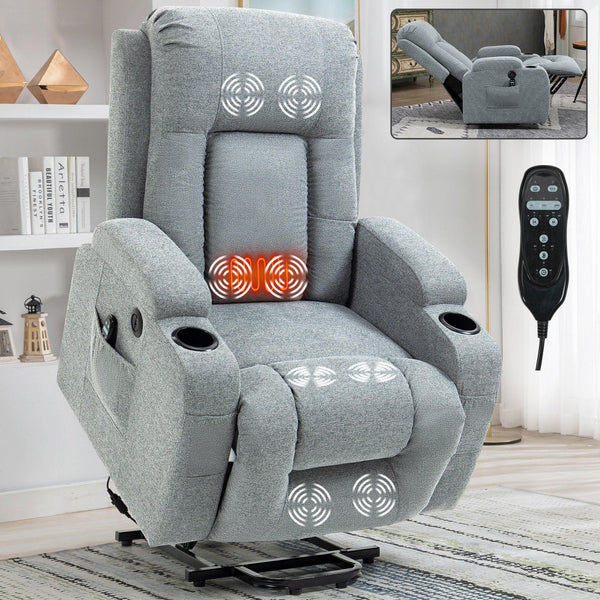 Infinite Position Okin Motor Up to 350 LBS Power Lift Recliner Chair for Elderly, Heavy Duty Motion Mechanism with 8-Point Vibration Massage and Lumbar Heating, USB Charging Port, Cup Holders, Grey - Supfirm